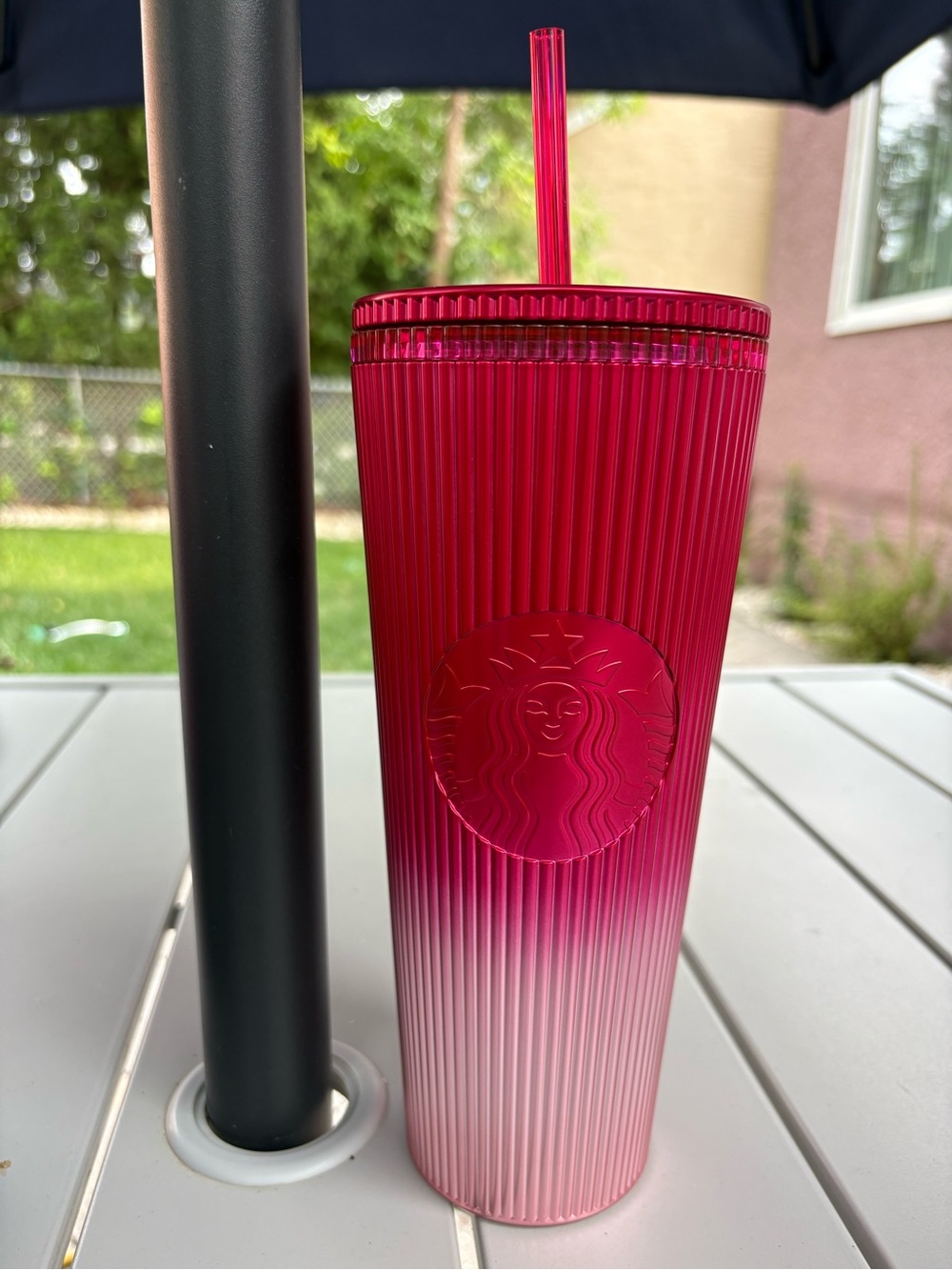 Starbucks 2023 Ombre Hot Pink to Light Pink Ribbed Tumbler with Straw